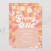 Invitation Super One Rose Daisy Sunshine Retro 1er anniversai (Devant / Derrière)