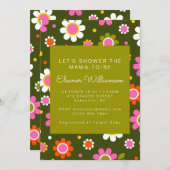 Invitation Super Retro 60s Fleurs Baby shower vert olive (Devant / Derrière)