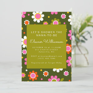 Invitation Super Retro 60s Fleurs Baby shower vert olive