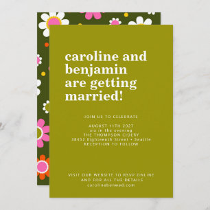 Invitation Super Retro 60s Fleurs rose vert gras Mariage