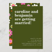 Invitation Super Retro 60s Fleurs vert foncé Boho Mariage (Devant / Derrière)