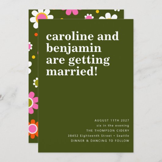 Invitation Super Retro 60s Fleurs vert foncé Boho Mariage (Devant / Derrière)
