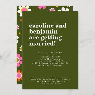 Invitation Super Retro 60s Fleurs Vert foncé Gras Mariage