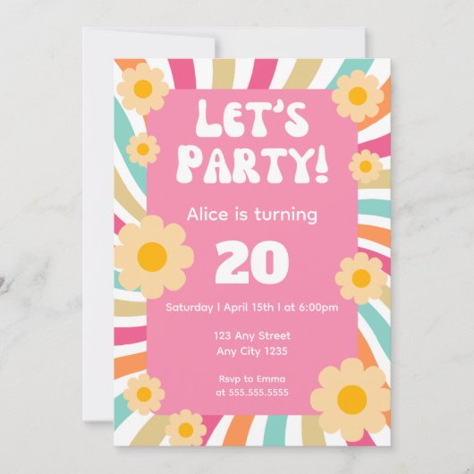Invitation Super Retro Hippie Daisy Rose 20e anniversaire (Devant)