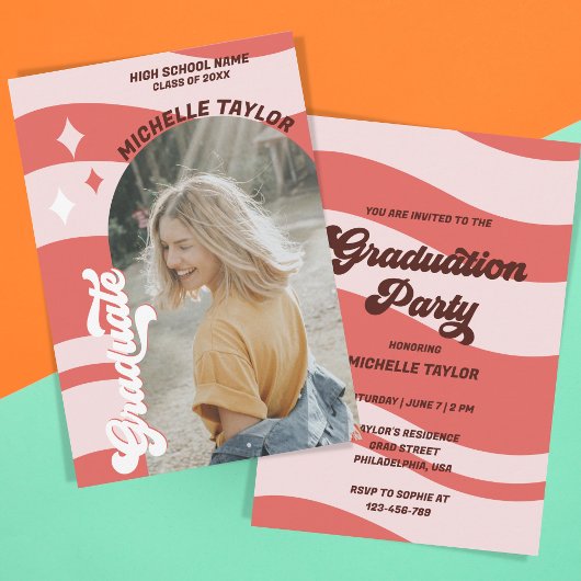 Invitation Super Retro les années 70 Graduation Rose Rouge Vi