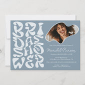 Invitation Super rétro Script bleu poussiéreux Photo douche n (Devant)