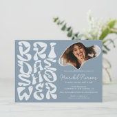 Invitation Super rétro Script bleu poussiéreux Photo douche n (Debout devant)