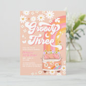 Invitation Super TROIS Rose Peach Daisy Hippie anniversaire (Debout devant)
