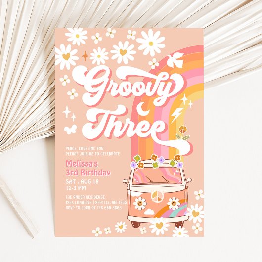 Invitation Super TROIS Rose Peach Daisy Hippie anniversaire