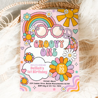 Invitation Super Un les années 70 Fleur Power Rainbow fête d'