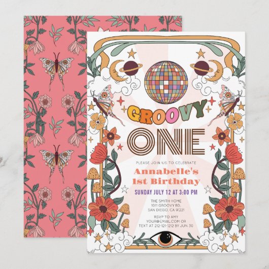 Invitation Super Un Psychédélique Rétro Fille 1er Anniversair (Devant / Derrière)