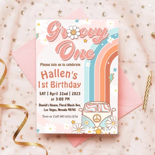 Invitation Super Un Retro Daisy Arc-en-ciel Premier anniversa
