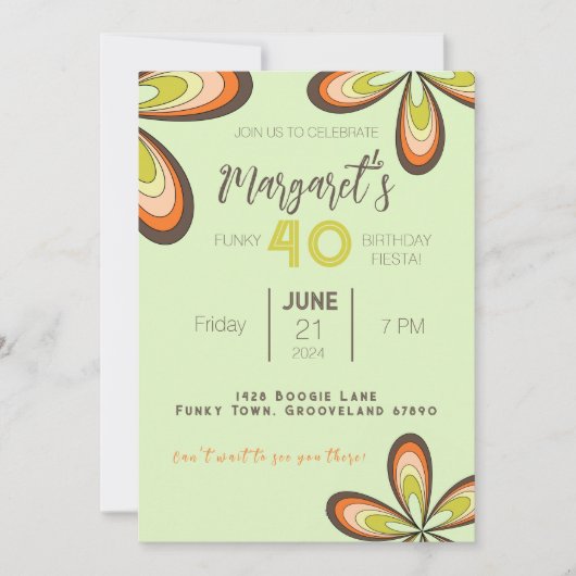 Invitation Super Vert 40 Anniversaire Fête les années 70 Hipp (Devant)