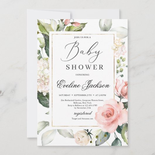 Invitation Superbe Baby shower or à cadre floral roux (Devant)