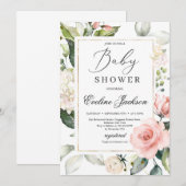 Invitation Superbe Baby shower or à cadre floral roux (Devant / Derrière)