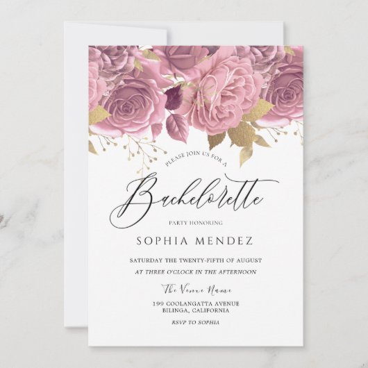 Invitation Superbe Bachelorette Rose Rose Floral Or (Devant)
