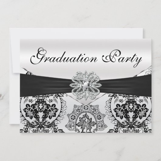 Invitation Superbe Black and Silver Damask Graduation Party (Devant)