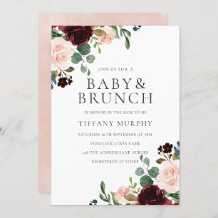 Invitation Superbe Blush Bourgogne Fleurs Baby shower Brunch