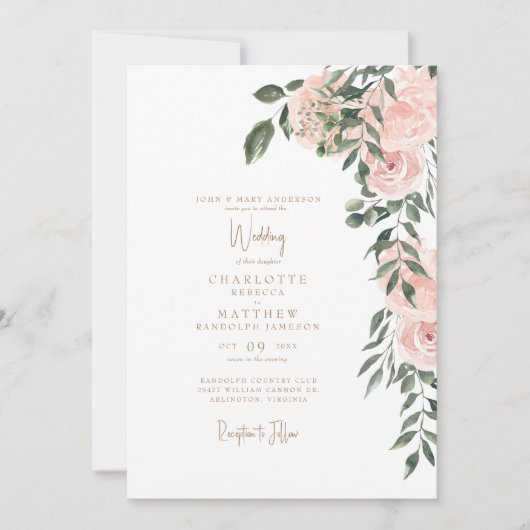 Invitation Superbe Blush Floral Gold Texte Mariage blanc (Devant)