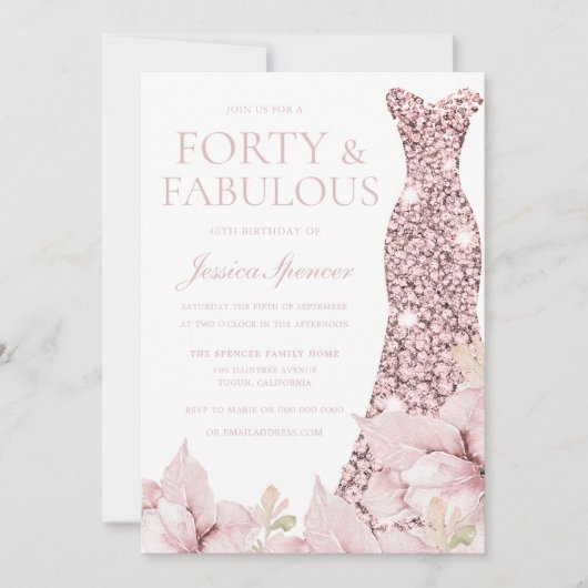 Invitation Superbe Blush Floral & Robe 40e fête d'anniversair (Devant)
