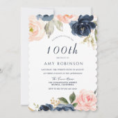 Invitation Superbe Blush & Navy Floral 100e fête d'anniversai (Devant)