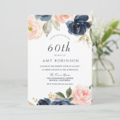 Invitation Superbe Blush & Navy Floral 60e fête d'anniversair (Debout devant)