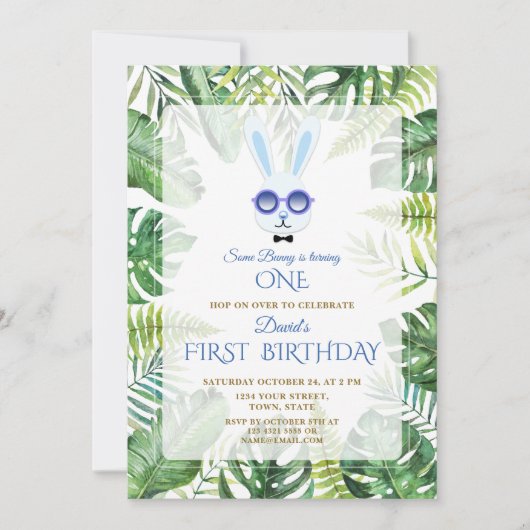 Invitation Superbe Bunny Végétation tropicale Garçon 1er anni (Devant)