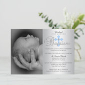 Invitation Superbe Croix Bleue Argent Boy PHOTO Baptême (Debout devant)