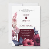 Invitation Superbe Floral Bourgogne tout en un seul Mariage (Devant)