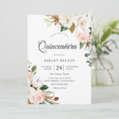 Invitation Superbe Quinceanera Blush & Fleurs Blanches (Debout devant)