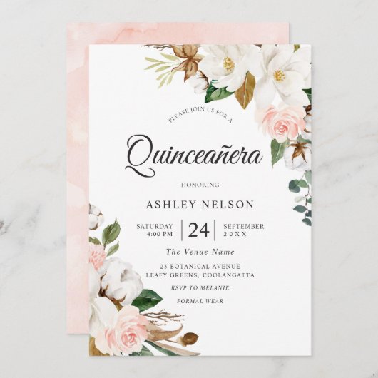 Invitation Superbe Quinceanera Blush & Fleurs Blanches (Devant / Derrière)