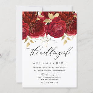 Invitation Superbe Roses Rouges Bourgogne Mariage romantique