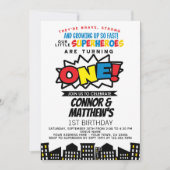 Invitation Superhero 1er anniversaire jumeaux (Devant)