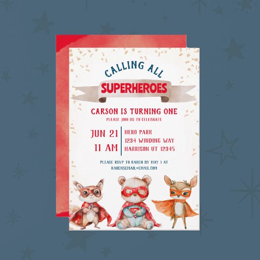 Invitation Superhero animal mignon premier anniversaire