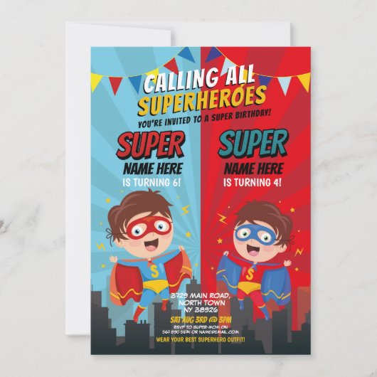 Invitation Superhero Anniversaire Frères Blue Red Joint Boy (Devant)