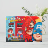 Invitation Superhero Anniversaire Frères Blue Red Photo Boy (Debout devant)