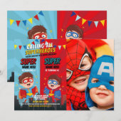 Invitation Superhero Anniversaire Frères Blue Red Photo Boy (Devant / Derrière)