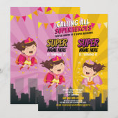 Invitation Superhero Anniversaire Soeur rose Jaune (Devant / Derrière)
