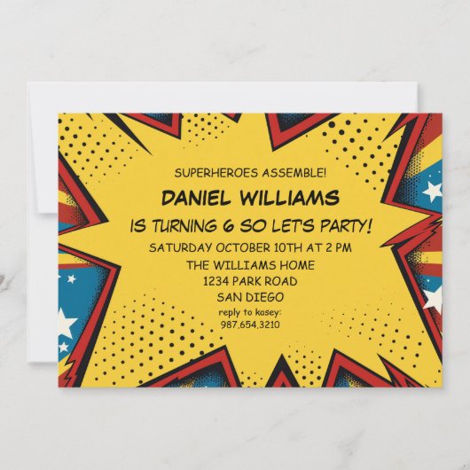 Invitation Superhero Assembler Pop Art Anniversaire Garçons (Devant)