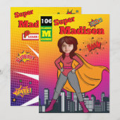 Invitation Superhero Birthday Girl Comic ⚡ Fun Fab USA (Devant / Derrière)