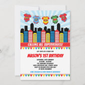 Invitation Superhero Boy 1er anniversaire Cityscape Comic Par (Devant)