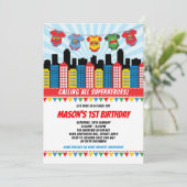 Invitation Superhero Boy 1er anniversaire Cityscape Comic Par (Debout devant)