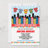 Invitation Superhero Boy Baby shower Cityscape Comic Party (Devant)