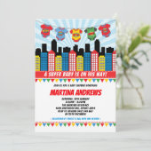 Invitation Superhero Boy Baby shower Cityscape Comic Party (Debout devant)