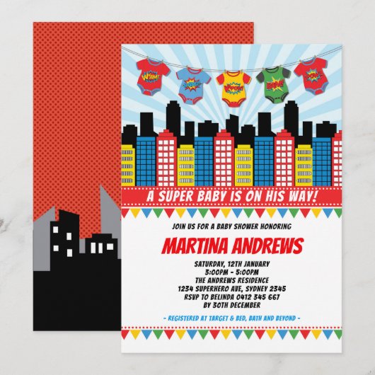 Invitation Superhero Boy Baby shower Cityscape Comic Party (Devant / Derrière)