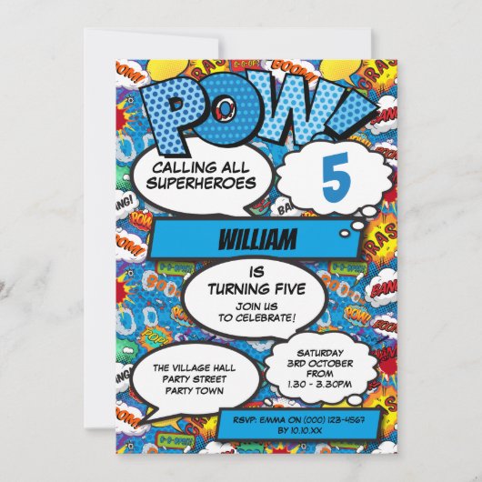 Invitation Superhero Boy Comic Book Anniversaire Party Blue (Devant)