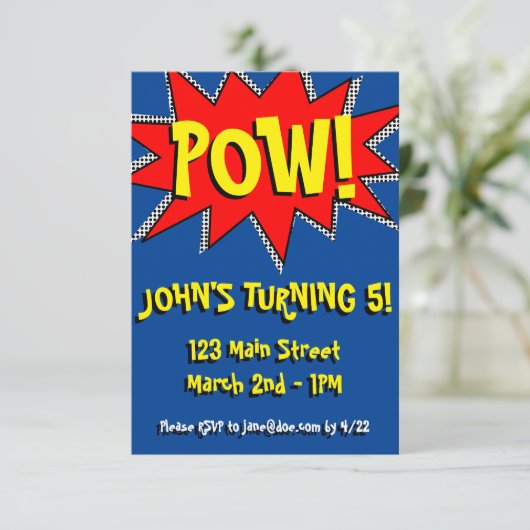 Invitation Superhero Comic Book Modèle d'invitation à thème (Debout devant)