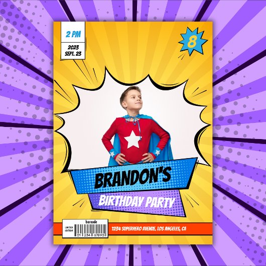 Invitation Superhero Comic Photo Bois Jaune Anniversaire