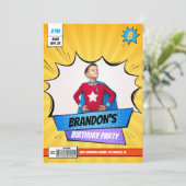Invitation Superhero Comic Photo Bois Jaune Anniversaire (Debout devant)