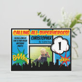 Invitation Superhero Comic Photo Boys 1ère fête d'anniversair (Debout devant)